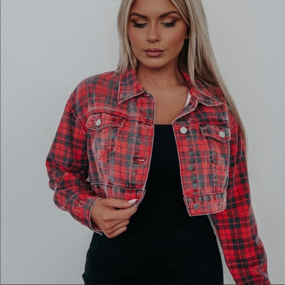 Red plaid denim crop jacket